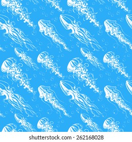 Hand drawn seamless pattern with jellyfish. Abstract graphic illustration of jellyfishes in vector.