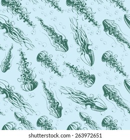 Hand drawn seamless pattern with jellyfish. Abstract graphic illustration of jellyfishes in vector.