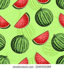 Hand drawn seamless pattern of juicy fresh organic green watermelon with a red slice and black seeds