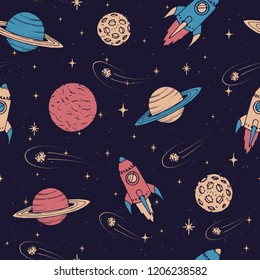 Hand drawn seamless pattern with Jupiter, Mars, Saturn, Neptune planets, moon and flying rockets on the starry background. Vector space ornament doodles.