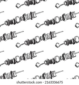 Hand drawn seamless pattern of kebab skewers