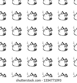 Hand Drawn seamless pattern kettle doodle. Sketch style icon. Decoration element. Isolated on white background. Flat design. Vector illustration.