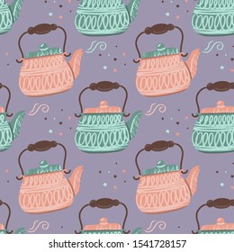 Hand drawn seamless pattern with kettles. Tea time background for fabric, kitchen wallpapers, gift wrapping paper, scrapbooking.