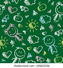 hand drawn seamless pattern with kids and summer symbols