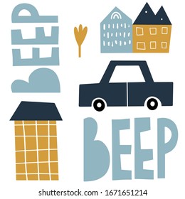 Hand drawn seamless pattern for kids designs. Cute background for nursery decor. Vector illustrations for boys with cars and houses.