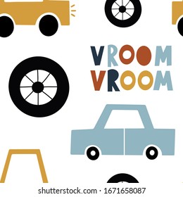 Hand drawn seamless pattern for kids. Cute background for boys designs. Vector illustrations with cars. Perfect for fabric, textile, wrapping paper, wallpaper, packaging.