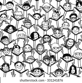 Hand drawn seamless pattern of kids reading books - black and white illustration