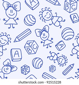 Hand drawn seamless pattern with kids, books and pencils. Vector illustration