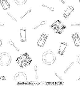 Hand drawn seamless pattern with Kitchen Utensils.Original doodle style drawing for actual design. Creative ink art work