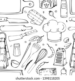 Hand drawn seamless pattern with Kitchen Utensils.Original doodle style drawing for actual design. Creative ink art work