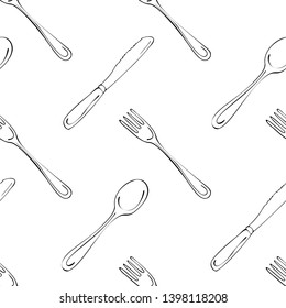 Hand drawn seamless pattern with Kitchen Utensils.Original doodle style drawing for actual design. Creative ink art work