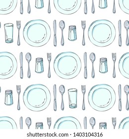 Hand drawn seamless pattern with Kitchen Utensils. Original doodle style drawing for actual design.