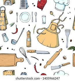 Hand drawn seamless pattern with Kitchen Utensils. Original doodle style drawing for actual design.