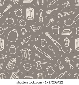 Hand drawn seamless pattern 'kitchen tools'. Vector illustration. EPS 10