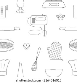 Hand drawn seamless pattern with kitchen baking tools. Doodle style. Sketch. Vector illustration