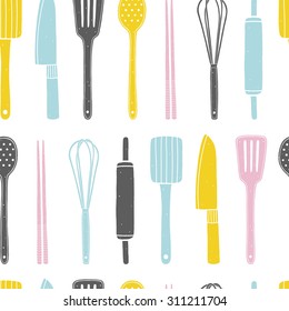 Hand drawn seamless pattern with kitchen utensils on the white background. Cooking vector repeating background for kitchen fabrics, paper napkins, wallpapers. Pattern is cropped with clipping mask 