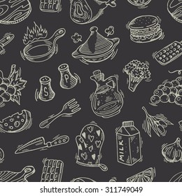 Hand drawn seamless pattern with kitchen elements. Can be used for menu, background and other design.