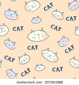 Hand drawn seamless pattern of kitten faces and text CAT. Perfect for T-shirt, textile and print. Doodle vector illustration for decor and design.
