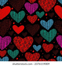 hand drawn seamless pattern of knitted hearts on a black background. Happy Valentine's Day. Vector illustration. Not AI