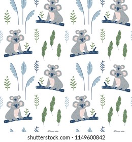 Hand drawn seamless pattern with Koala mother and Koala child. Cute Koala Bear print. Vector wallpaper.