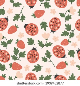 Hand drawn seamless pattern with ladybug and strawberry. Vector doodle plants and flowers. Stylized insects.