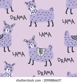 Hand drawn seamless pattern with lamas and text DRAMA LLAMA. Perfect for T-shirt, textile and print. Doodle vector illustration for decor and design.