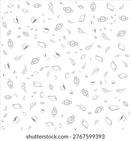Hand drawn seamless pattern with laptop, mobile phone, wristwatches and glasses. Minimalist monochrome tech line art.