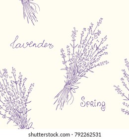 Hand drawn seamless pattern lavender flowers on light background. Botanical drawing. Vector illustration.