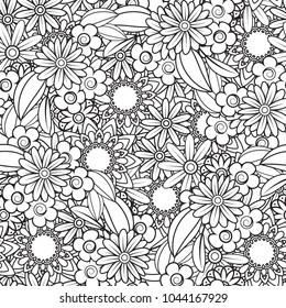 Hand drawn seamless pattern with leaves and flowers. Doodles floral ornament. Black and white decorative elements. Perfect for wallpaper, adult coloring books, web page background, surface textures.