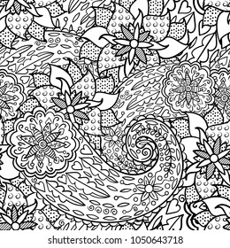 Hand drawn seamless pattern with leaves and flowers. Doodles floral ornament. Black and white decorative elements. Perfect for wallpaper, adult coloring books, web page background, surface textures.