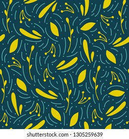 Hand drawn seamless pattern with leaves and branches. Doodle style. Colorful background. Vector illustration