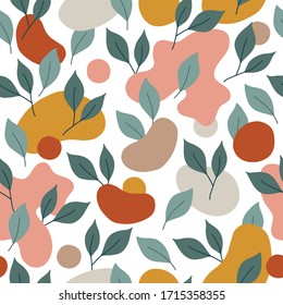 Hand drawn seamless pattern with leaves and warm colored liquid shapes on white background. Abstract contemporary modern trendy vector illustration. Retro style. Perfect for wallpaper and textile