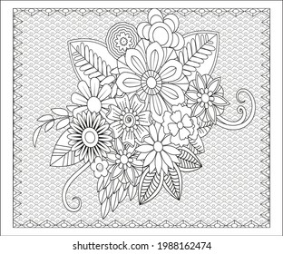 Patrón sin fisuras dibujado a mano con hojas y flores. Ornamento floral de garabatos. Elementos decorativos en blanco y negro