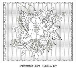 Patrón sin fisuras dibujado a mano con hojas y flores. Ornamento floral de garabatos. Elementos decorativos en blanco y negro