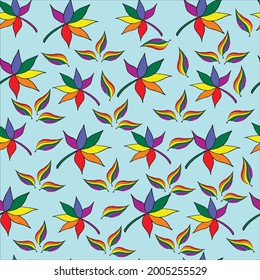 Hand drawn seamless pattern with leaves in rainbow colors for gif cards, wallpaper, notebook, fabric, scrapbook. Doodle style.