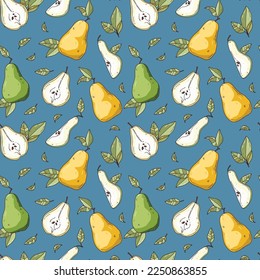 Hand drawn seamless pattern of leaves and pears. Vector illustration of pear and leaves on bright background. 