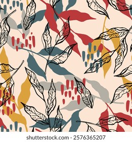 Hand drawn seamless pattern with leaves. Botanical background. Vector tile for textile design, wrapping paper, decoration, web, social media