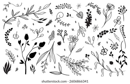 Hand drawn seamless pattern with leaves, branch. Vector wedding, natural, rustic paper on white background.