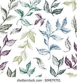 Hand drawn seamless pattern with leaves and branches - vector illustration