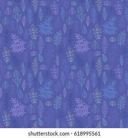 Hand drawn seamless pattern with leaves and branches. Simple outlined style. Violet background with blue and purple leaves.