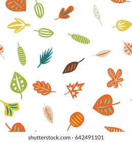 Hand drawn seamless pattern with leaves on white background. Elements isolated on white background. Vector illustration. Perfect for background, wrapping paper, cloth design in cute cartoony style.