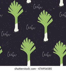 Hand drawn seamless pattern with leek. Colorful vector illustration 