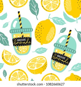 Hand drawn seamless pattern with lemon, lemon slice, lemonade and leaves. White background.
