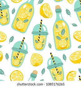 Hand drawn seamless pattern with lemon, lemon slice, lemonade and leaves. White background.