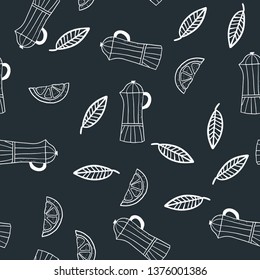 Hand Drawn Seamless Pattern with lemon slices, leaves and coffee makers. Vector Illustration.