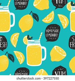 Hand drawn seamless pattern with lemon, lemon slice, jar with lemonade,  speech bubbles with handwritten lettering