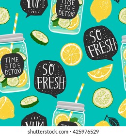 Hand drawn seamless pattern with lemon, lemon slice, jar with detox water, cucumber, speech bubbles with handwritten lettering