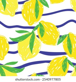 padrão sem emenda desenhado à mão com limões Vetor de fundo de arte botânica abstrata, impressão de design de tendência para a primavera de verão têxtil.