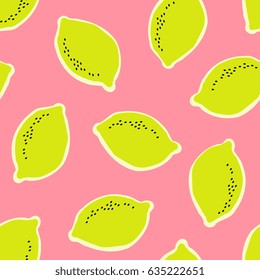 Hand drawn seamless pattern with lemons in yellow, black and cream on pink background.