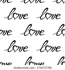 Hand drawn seamless pattern of lettering Love in unbroken line and heart isolated on white background. Romantic doodle sketch illustration for greeting card, invitation, wallpaper, wrapping paper